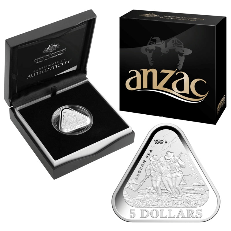 $5 2015 ANZAC Centenary Triangle Silver Proof - case and reverse | $5 2015 ANZAC Centenary Triangle Silver Proof - reverse | $5 2015 ANZAC Centenary Triangle Silver Proof - obverse