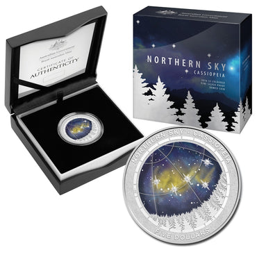 $5 2016 Northern Sky - Cassiopeia Domed Silver Proof | $5 2016 Northern Sky - Cassiopeia Domed Silver Proof reverse | $5 2016 Northern Sky - Cassiopeia Domed Silver Proof side | $5 2016 Northern Sky - Cassiopeia Domed Silver Proof obverse