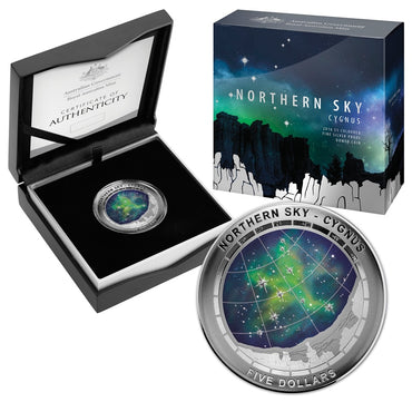 $5 2016 Northern Sky - Cygnus Domed Silver Proof | $5 2016 Northern Sky - Cygnus Domed Silver Proof REVERSE | $5 2016 Northern Sky - Cygnus Domed Silver Proof EDGE | $5 2016 Northern Sky - Cygnus Domed Silver Proof obverse