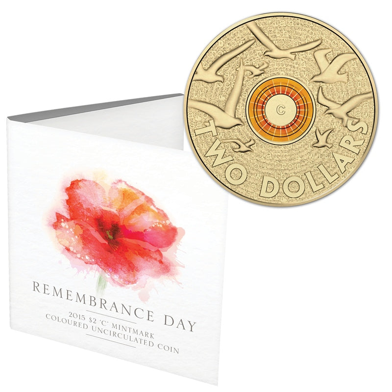 $2 2015 Remembrance Day Orange Coloured 'C' Mintmark | $2 2015 Remembrance Day Orange Coloured 'C' Mintmark reverse | $2 2015 Remembrance Day Orange Coloured 'C' Mintmark card