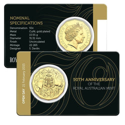50c 2015 50th Ann. of the Royal Australian Mint Gold Plated 'Open Day' UNC