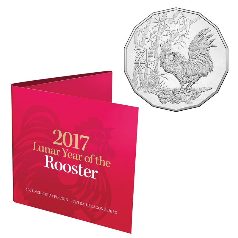 50c 2017 Year of the Rooster Red Card UNC | 50c 2017 Year of the Rooster Red Card reverse