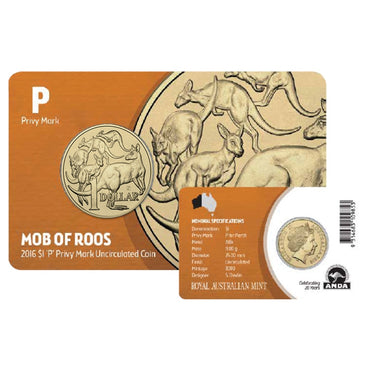 $1 2016 Mob of Roos 'P' Privy Mark UNC | $1 2016 Mob of Roos 'P' Privy Mark UNC obverse