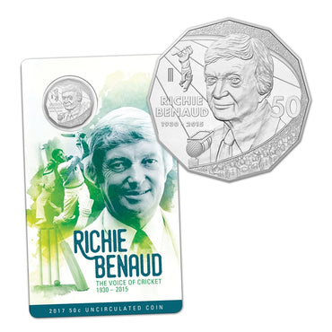 50c 2017 Richie Benaud - The Voice of Cricket | 50c 2017 Richie Benaud - The Voice of Cricket reverse | 50c 2017 Richie Benaud - The Voice of Cricket obverse