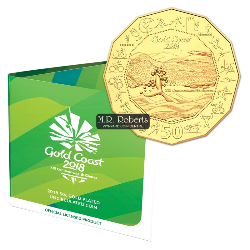 50c 2018 Gold Coast Commonwealth Games Gold Plated | 50c 2018 Gold Coast Commonwealth Games Gold Plated reverse | 50c 2018 Gold Coast Commonwealth Games Gold Plated obverse