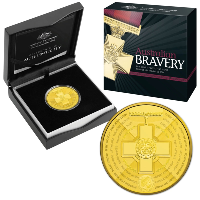 $5 2015 Australian Bravery Gold Plated Silver UNC - coin & box | $5 2015 Australian Bravery Gold Plated Silver UNC - reverse | $5 2015 Australian Bravery Gold Plated Silver UNC - obverse