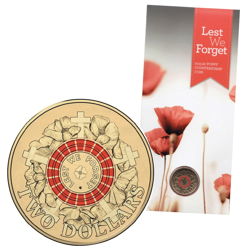 $2 2015 Lest We Forget 'Poppy' Counterstamp UNC - Wynyard Coin