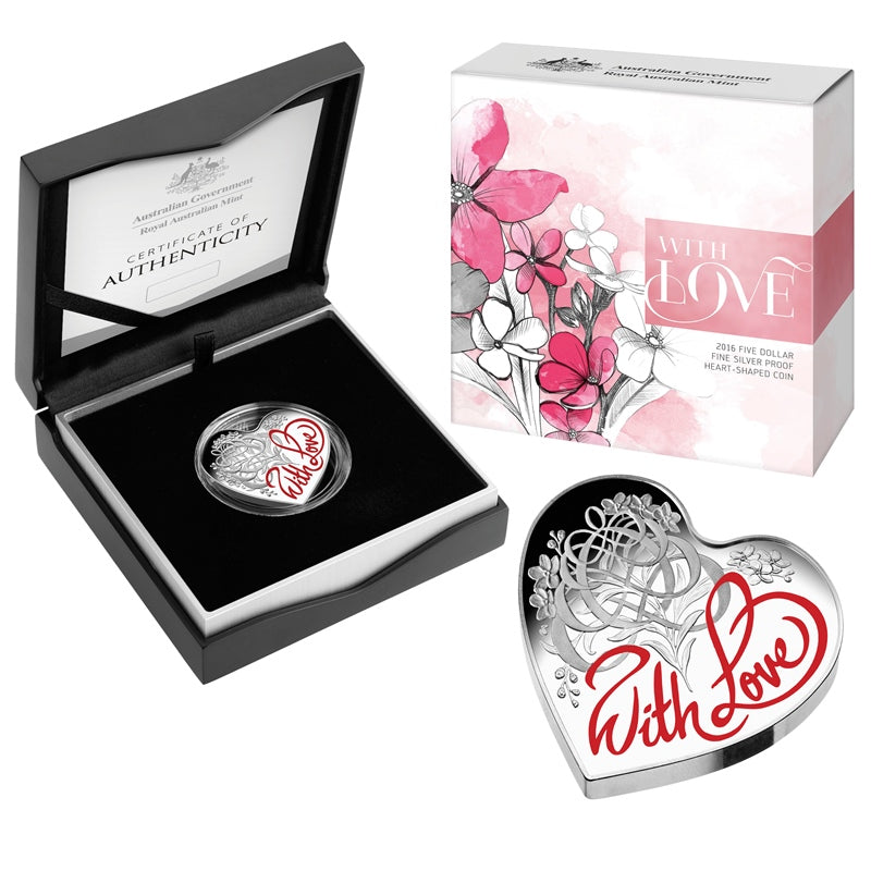 $5 2016 Silver 1oz With Love Heart Shaped Coloured Silver Proof