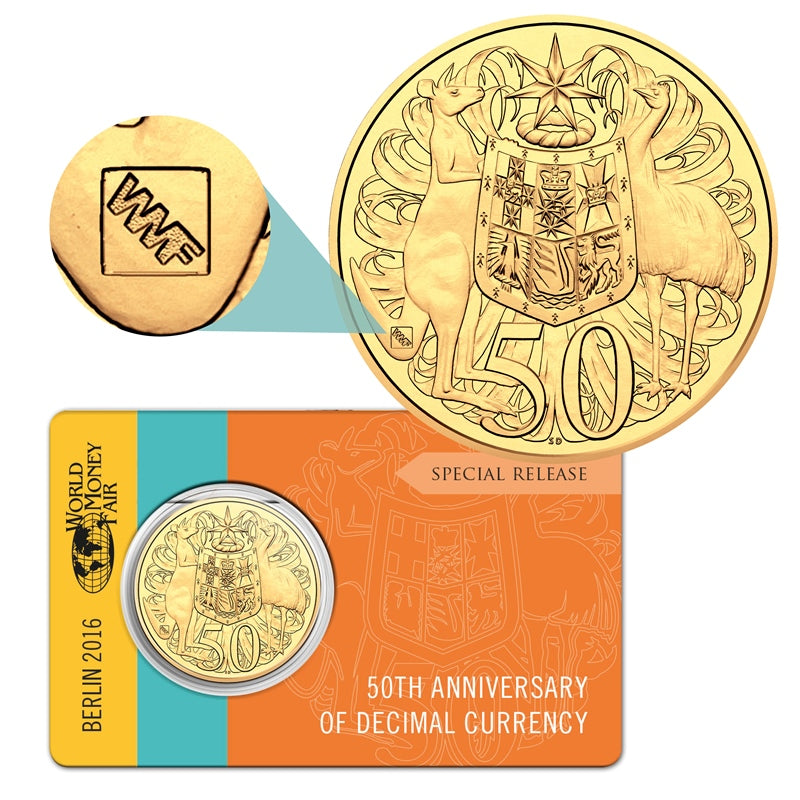 2016 50c 50th Ann. of Decimal Currency WMF Privy Mark Gold Plated UNC