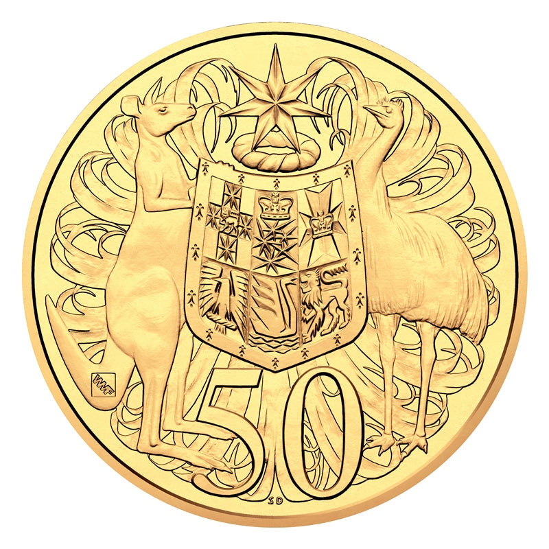 2016 50c 50th Ann. of Decimal Currency WMF Privy Mark Gold Plated UNC