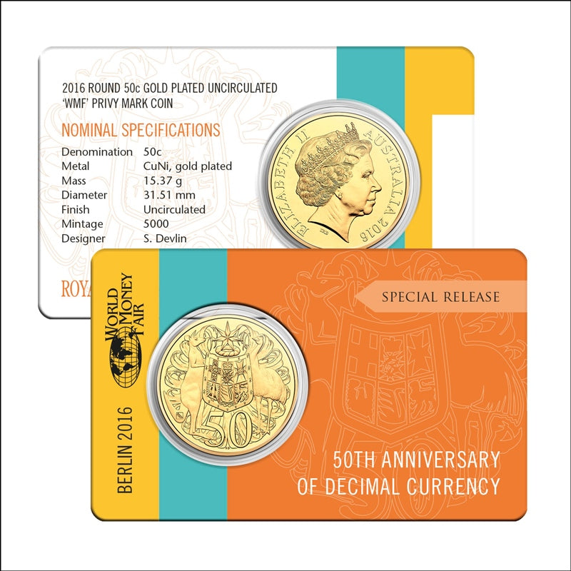 2016 50c 50th Ann. of Decimal Currency WMF Privy Mark Gold Plated UNC