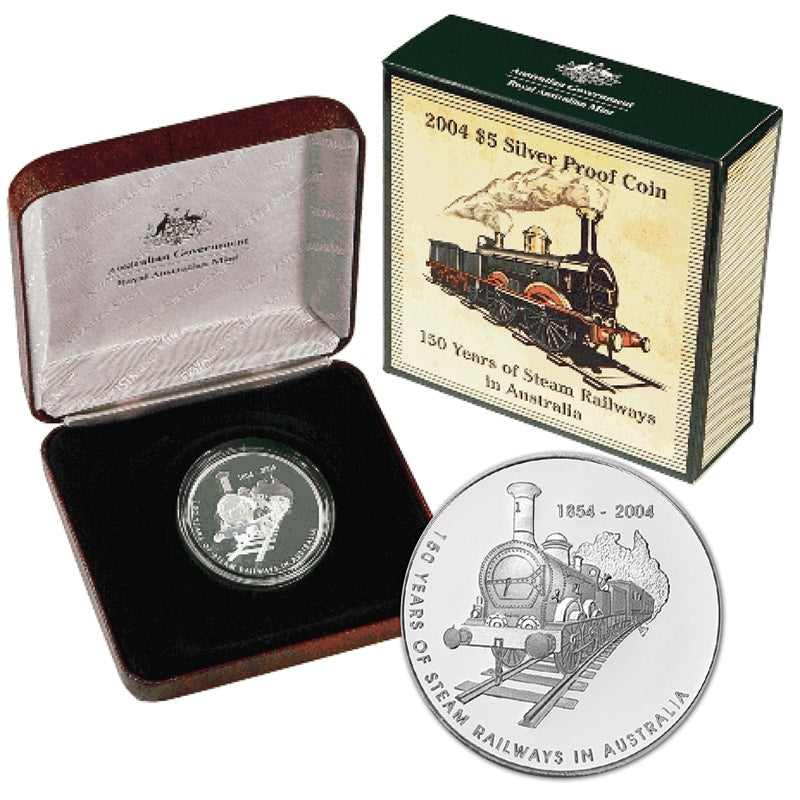 $5 2004 Steam Railway 150th Anniversary Silver Proof | $5 2004 Steam Railway 150th Anniversary Silver Proof reverse