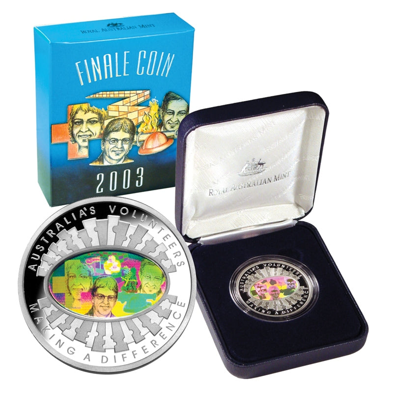 $5 2003 Volunteers Hologram Silver Proof - coin and case | $5 2003 Volunteers Hologram Silver Proof - reverse 1 | $5 2003 Volunteers Hologram Silver Proof - reverse 2