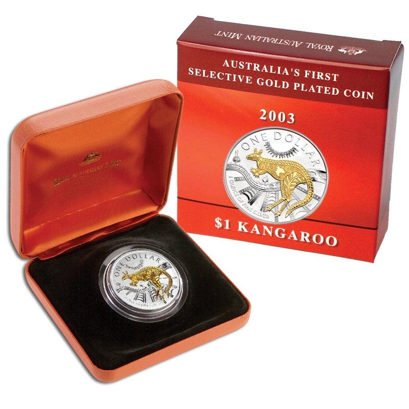 $1 2003 Kangaroo Selectively Gold Plated 1oz 99.9% Silver - case and box | $1 2003 Kangaroo Selectively Gold Plated 1oz 99.9% Silver - reverse