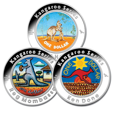 $1 2009 Kangaroo's Coloured Australian Artists 3 Coin 1oz 99.9% Silver Set