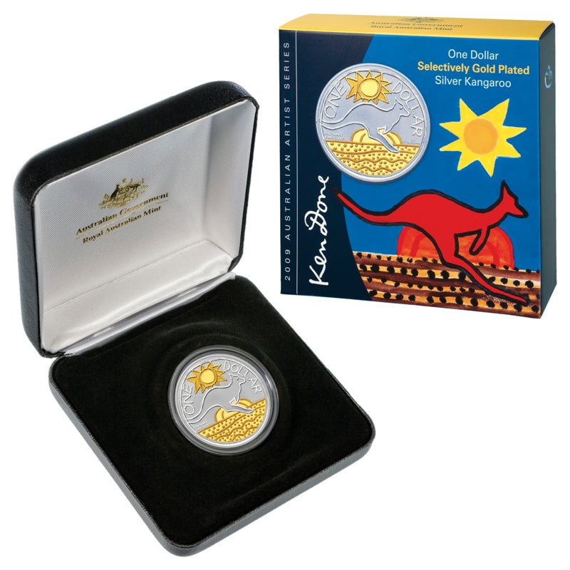 $1 2009 Kangaroo - Ken Done Selectively Gold Plated 1oz 99.9% Silver