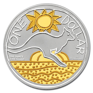 $1 2009 Kangaroo - Ken Done Selectively Gold Plated 1oz 99.9% Silver