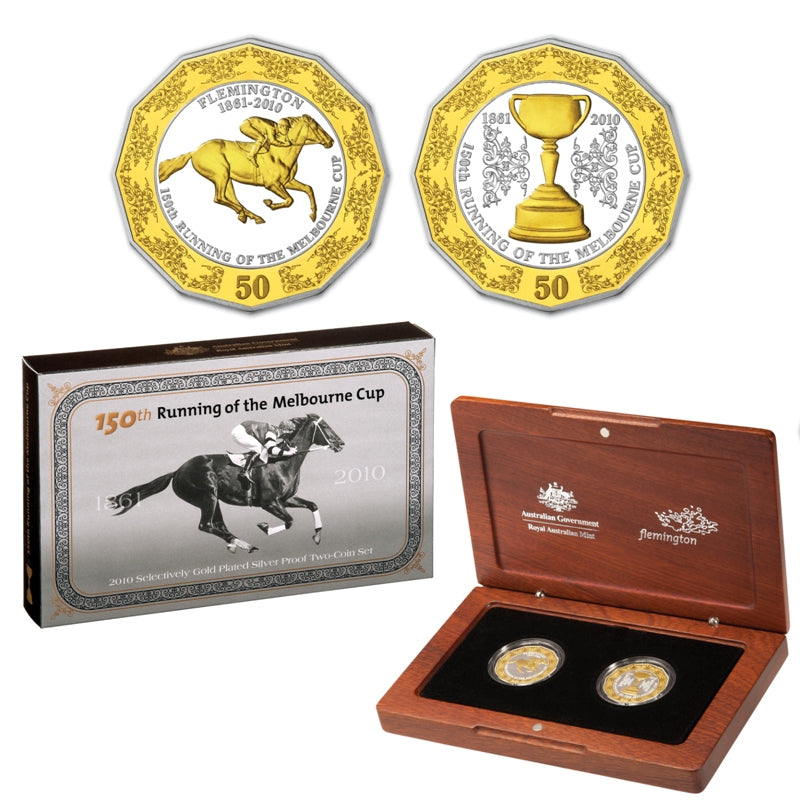 50c 2010 Melbourne Cup Gold Plated Silver Proof Pair | 50c 2010 Melbourne Cup Gold Plated Silver Proof - phar lap | 50c 2010 Melbourne Cup Gold Plated Silver Proof Pair - trophy