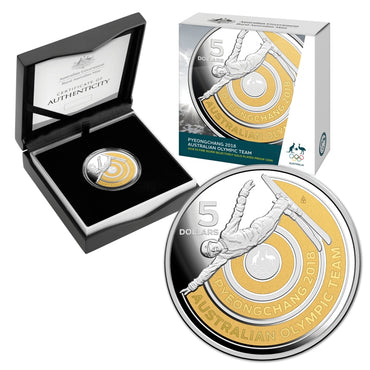 $5 2018 Pyengchang Australian Olympic Team Silver Proof | $5 2018 Pyengchang Australian Olympic Team Silver Proof Reverse | $5 2018 Pyengchang Australian Olympic Team Silver Proof Obverse