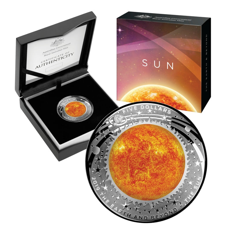 $5 2019 The Earth & Beyond - The Sun Domed Silver Proof | $5 2019 The Earth & Beyond - The Sun Domed Silver Proof OBVERSE | $5 2019 The Earth & Beyond - The Sun Domed Silver Proof EDGE VIEW