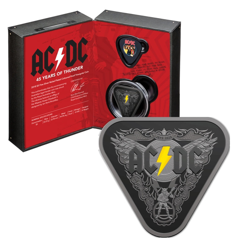 $5 2018 AC/DC 45 Years of Thunder Triangle Silver Proof | $5 2018 AC/DC 45 Years of Thunder Triangle Silver Proof CASE CLOSED | $5 2018 AC/DC 45 Years of Thunder Triangle Silver Proof CASE OPEN | $5 2018 AC/DC 45 Years of Thunder Triangle Silver Proof REVERSE | $5 2018 AC/DC 45 Years of Thunder Triangle Silver Proof OBVERSE