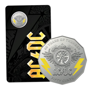 50c 2018 AC/DC 45 Year of Thunder UNC | 50c 2018 AC/DC 45 Year of Thunder UNC REVERSE | 50c 2018 AC/DC 45 Year of Thunder UNC OBVERSE