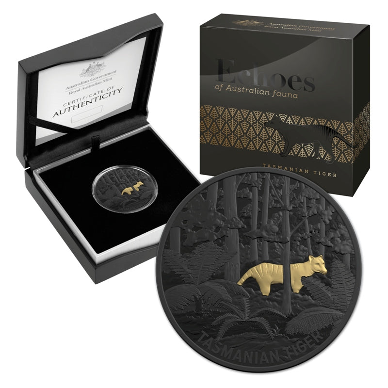 $5 2019 Echoes of Australian Fauna - Tasmanian Tiger Selectively Gold Plated Fine Silver Proof | $5 2019 Echoes of Australian Fauna - Tasmanian Tiger Selectively Gold Plated Fine Silver Proof | $5 2019 Echoes of Australian Fauna - Tasmanian Tiger Selectively Gold Plated Fine Silver Proof