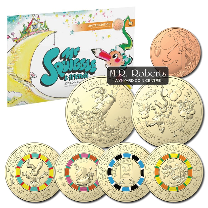 2019 Mr Squiggle 7 Coin Collection | 2019 Mr Squiggle 7 Coin Collection - Album | 2019 Mr Squiggle 7 Coin Collection - $2 Coins | 2019 Mr Squiggle 7 Coin Collection - $1 Coins | 2019 Mr Squiggle 7 Coin Collection - 1 Cent