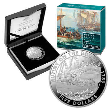 $5 2019 Mutiny on the Bounty 1oz Silver Proof | $5 2019 Mutiny on the Bounty 1oz Silver Proof REVERSE | $5 2019 Mutiny on the Bounty 1oz Silver Proof OBVERSE