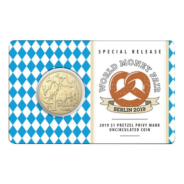 $1 2019 World Money Fair Pretzel Privy Mark UNC | $1 2019 World Money Fair Pretzel Privy Mark UNC REVERS | $1 2019 World Money Fair Pretzel Privy Mark UNC OBVERSE