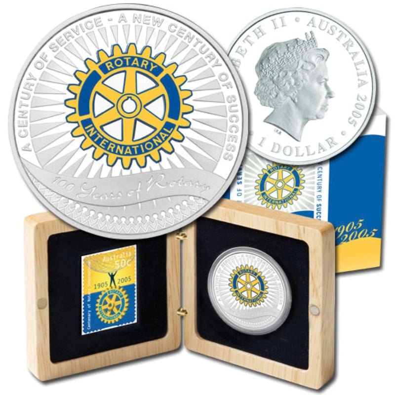 2005 Rotary Centenary 1oz Silver Proof - coin & case | 2005 Rotary Centenary 1oz Silver Proof - reverse