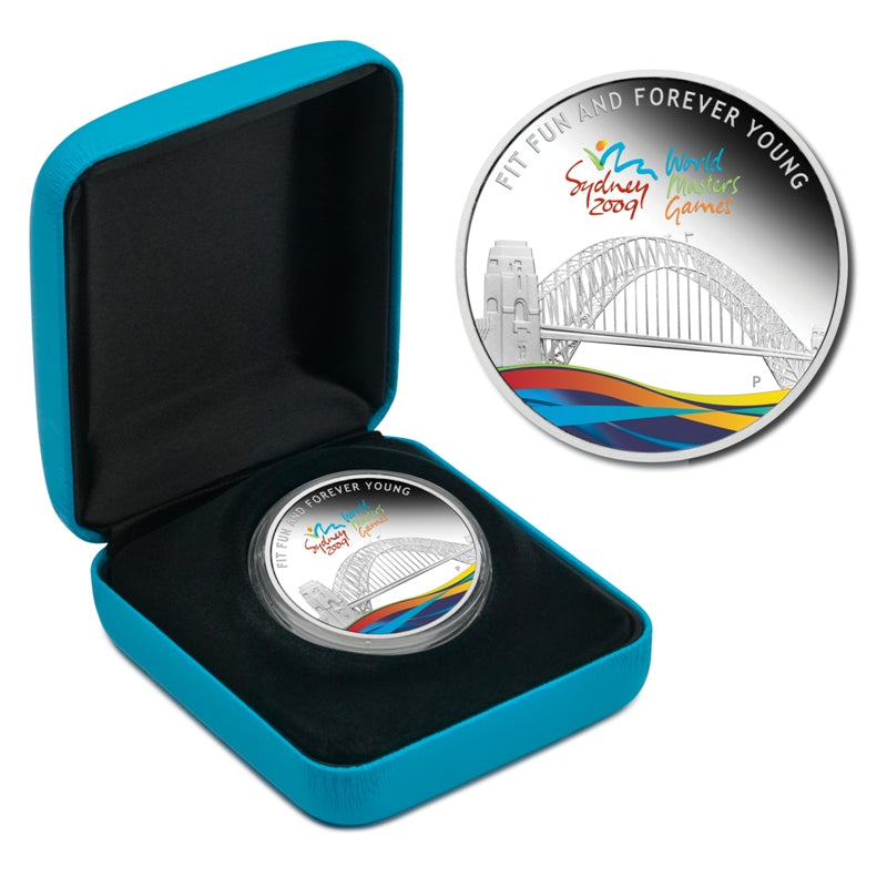 2009 World Masters Games - Sydney 1oz Silver coin and case | 2009 World Masters Games - Sydney 1oz Silver coin reverse | 2009 World Masters Games - Sydney 1oz Silver coin case