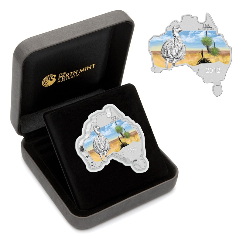 2012 Australian Map Shaped Emu 1oz Silver Coin