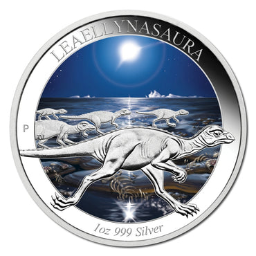 2015 Australian Dinosaurs - Leaellynasaura 1oz Silver Coloured Proof - reverse | 2015 Australian Dinosaurs - Leaellynasaura 1oz Silver Coloured Proof - box | 2015 Australian Dinosaurs - Leaellynasaura 1oz Silver Coloured Proof - case
