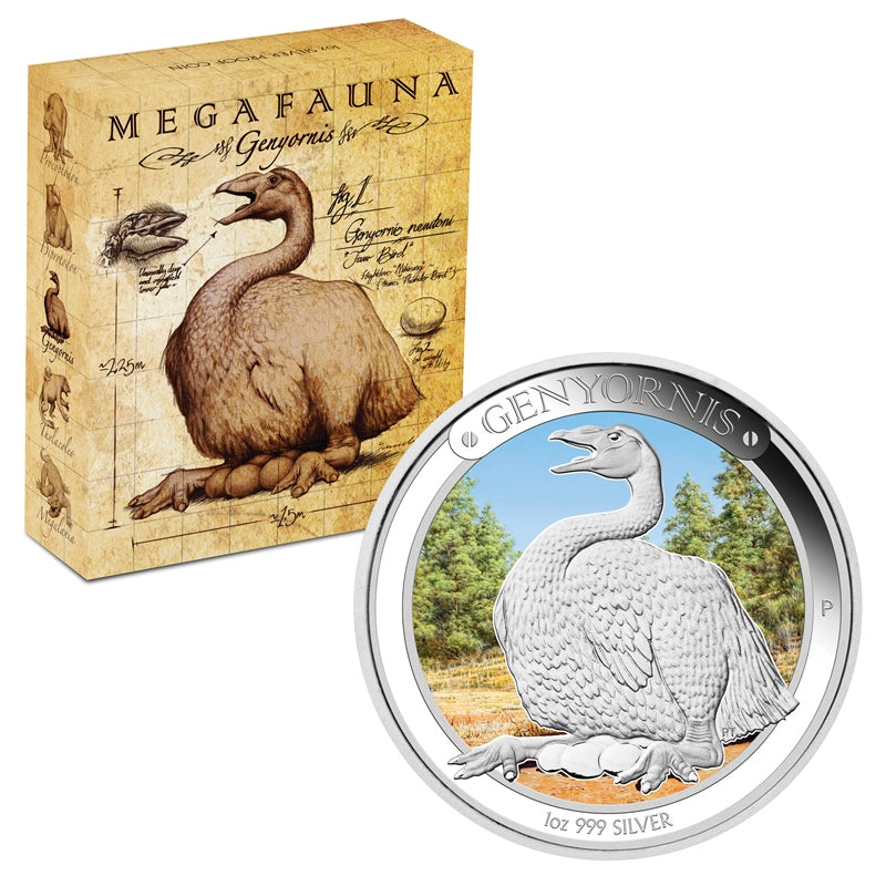 2014 Megafauna - Genyornis 1oz Silver | 2014 Megafauna - Genyornis 1oz Silver reverse | 2014 Megafauna - Genyornis 1oz Silver case