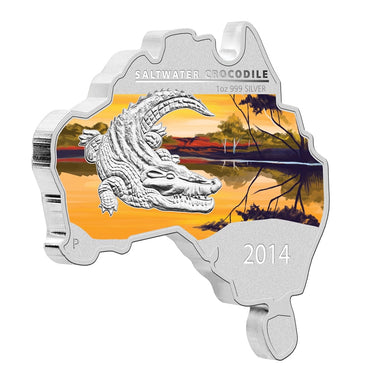 2014 Australian Map Shaped Salt Water Crocodile 1oz Silver Coin