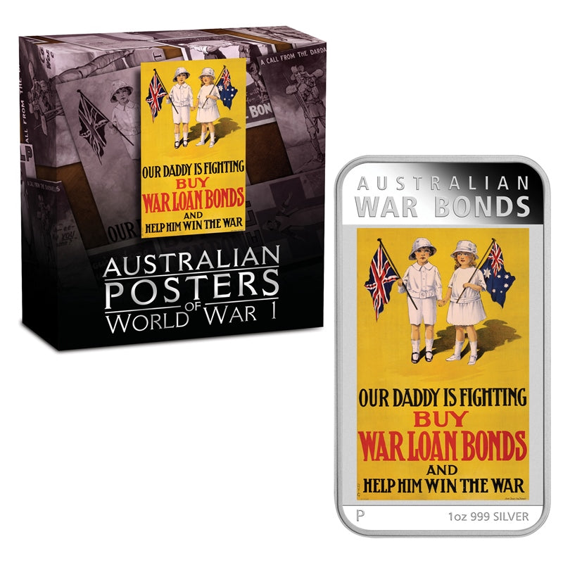 2016 Australian Posters of WWI - War Bonds 1oz Silver | 2016 Australian Posters of WWI - War Bonds 1oz Silver obverse | 2016 Australian Posters of WWI - War Bonds 1oz Silver reverse | 2016 Australian Posters of WWI - War Bonds 1oz Silver case