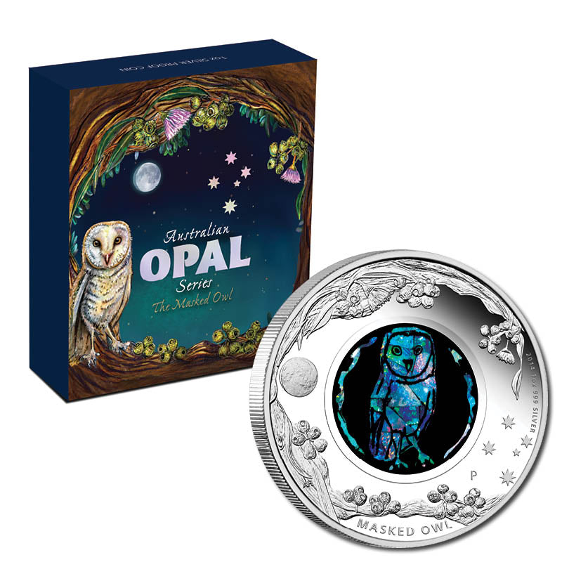 2014 Opal Series - Masked Owl 1oz Silver Proof | 2014 Opal Series - Masked Owl 1oz Silver Proof REVERSE | 2014 Opal Series - Masked Owl 1oz Silver Proof OBVERSE