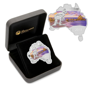 2013 Australian Map Shaped Kangaroo 1oz Silver Coin | 2013 Australian Map Shaped Kangaroo 1oz Silver Coin BOX | 2013 Australian Map Shaped Kangaroo 1oz Silver Coin OBVERSE