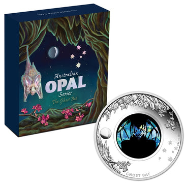 2015 Opal Series - Ghost Bat 1oz Silver Proof | 2015 Opal Series - Ghost Bat 1oz Silver Proof reverse | 2015 Opal Series - Ghost Bat 1oz Silver Proof obverse | 2015 Opal Series - Ghost Bat 1oz Silver Proof case