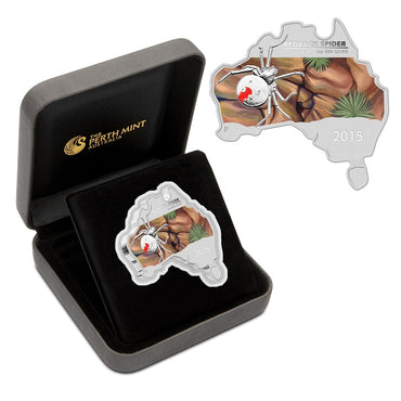 2015 Australian Map Shaped Red Back Spider 1oz Silver Coin | 2015 Australian Map Shaped Red Back Spider 1oz Silver Coin reverse | 2015 Australian Map Shaped Red Back Spider 1oz Silver Coin obverse