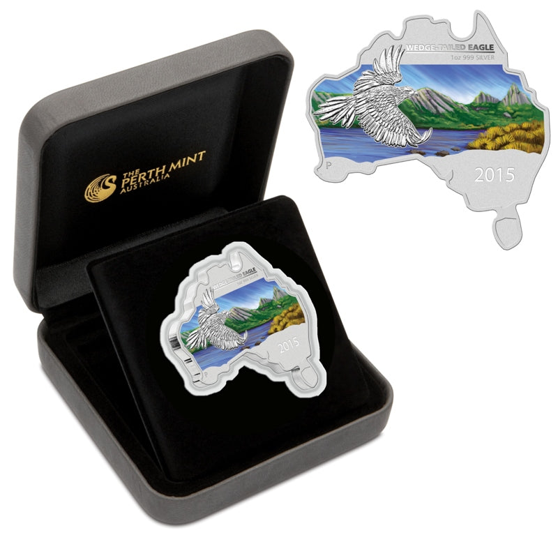 2015 Australian Map Shaped Wedge-Tailed Eagle 1oz Silver Coin - case & coin | 2015 Australian Map Shaped Wedge-Tailed Eagle 1oz Silver Coin - reverse | 2015 Australian Map Shaped Wedge-Tailed Eagle 1oz Silver Coin - obverse | 2015 Australian Map Shaped Wedge-Tailed Eagle 1oz Silver Coin - outer box