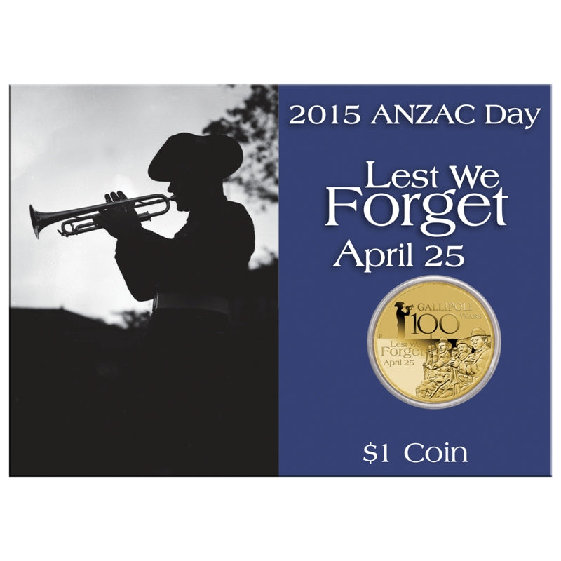 2015 $1 ANZAC - Lest We Forget UNC Coin - coin on card | 2015 $1 ANZAC - Lest We Forget UNC Coin - reverse | 2015 $1 ANZAC - Lest We Forget UNC Coin - obverse