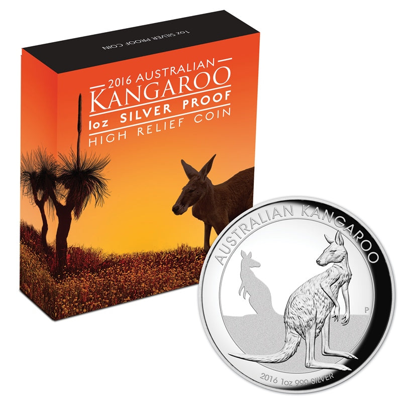 2016 Australian Kangaroo 1oz Silver High Relief Proof | 2016 Australian Kangaroo 1oz Silver High Relief Proof reverse | 2016 Australian Kangaroo 1oz Silver High Relief Proof case