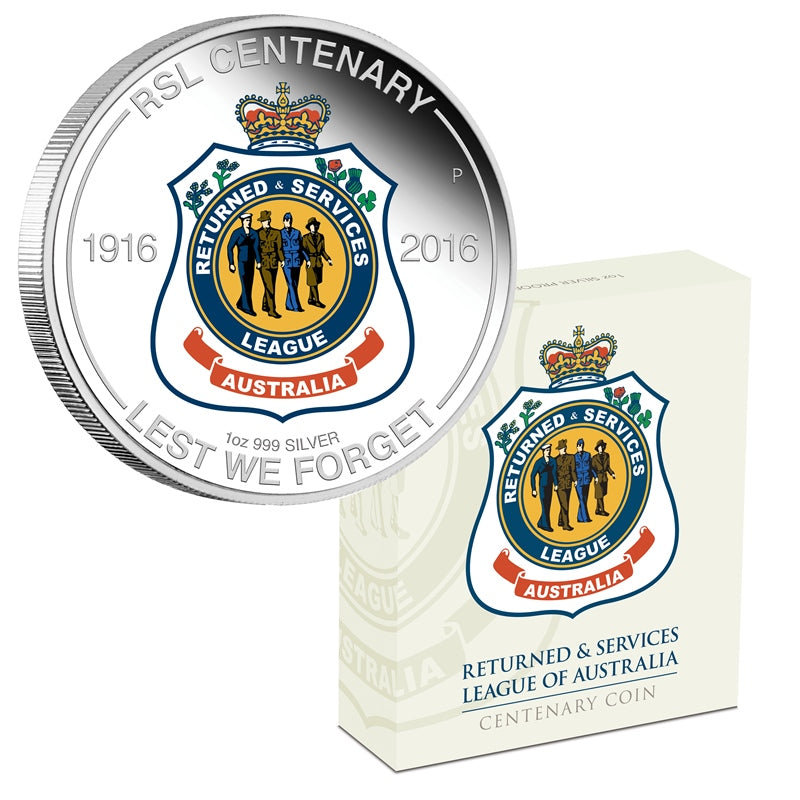 2016 RSL Centenary 1oz Silver Proof | 2016 RSL Centenary 1oz Silver Proof reverse | 2016 RSL Centenary 1oz Silver Proof case | 2016 RSL Centenary 1oz Silver Proof obverse