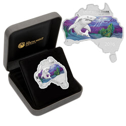 2016 Australian Map Shaped Shark 1oz Silver | 2016 Australian Map Shaped Shark 1oz Silver reverse | 2016 Australian Map Shaped Shark 1oz Silver box