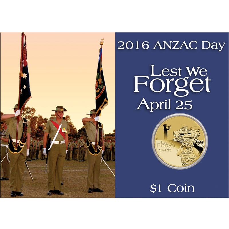 2016 $1 ANZAC Day - Lest We Forget UNC card | 2016 $1 ANZAC Day - Lest We Forget UNC reverse | 2016 $1 ANZAC Day - Lest We Forget UNC obverse