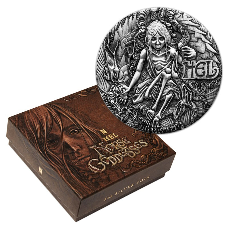 2017 Norse Goddesses – Hel 2oz Silver High Relief Antiqued Coin | 2017 Norse Goddesses – Hel 2oz Silver High Relief Antiqued Coin reverse | 2017 Norse Goddesses – Hel 2oz Silver High Relief Antiqued case | 2017 Norse Goddesses – Hel 2oz Silver High Relief Antiqued box