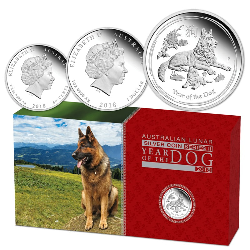 2018 Year of the Dog 3 Coin Silver Proof Set | 2018 Year of the Dog 3 Coin Silver Proof Set reverse | 2018 Year of the Dog 3 Coin Silver Proof Set case