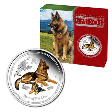 2018 Year of the Dog Coloured 1oz Silver Proof | 2018 Year of the Dog Coloured 1oz Silver Proof REVERSE | 2018 Year of the Dog Coloured 1oz Silver Proof OBVERSE | 2018 Year of the Dog Coloured 1oz Silver Proof CASE